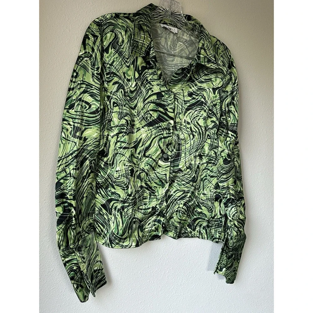 Topshop Women's Green Swirl‎ Satin Button Down Top Size 10